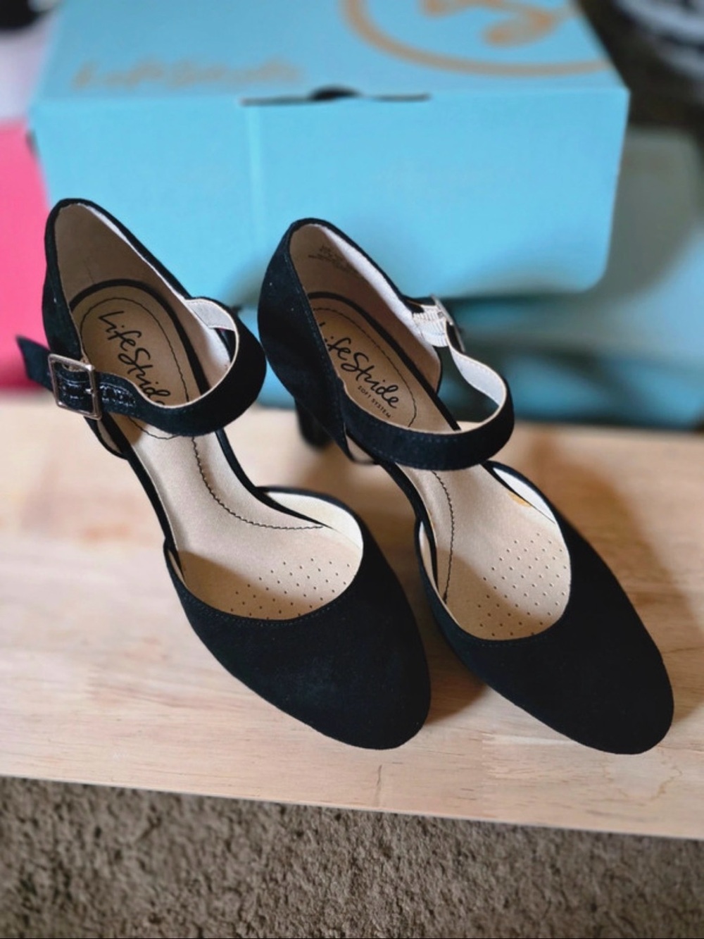 LifeStride Jean Black Suede Ankle-Strap Pumps